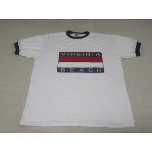 VTG Virginia Beach Shirt Mens XL White Blue Graphic Print Logo Short Sleeve